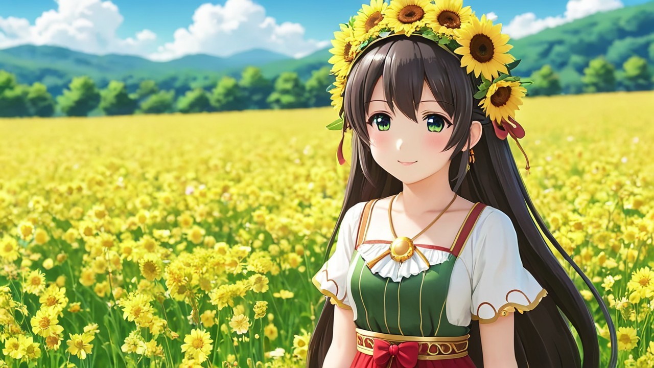 Young Woman in Sunflower Field with Traditional Dress