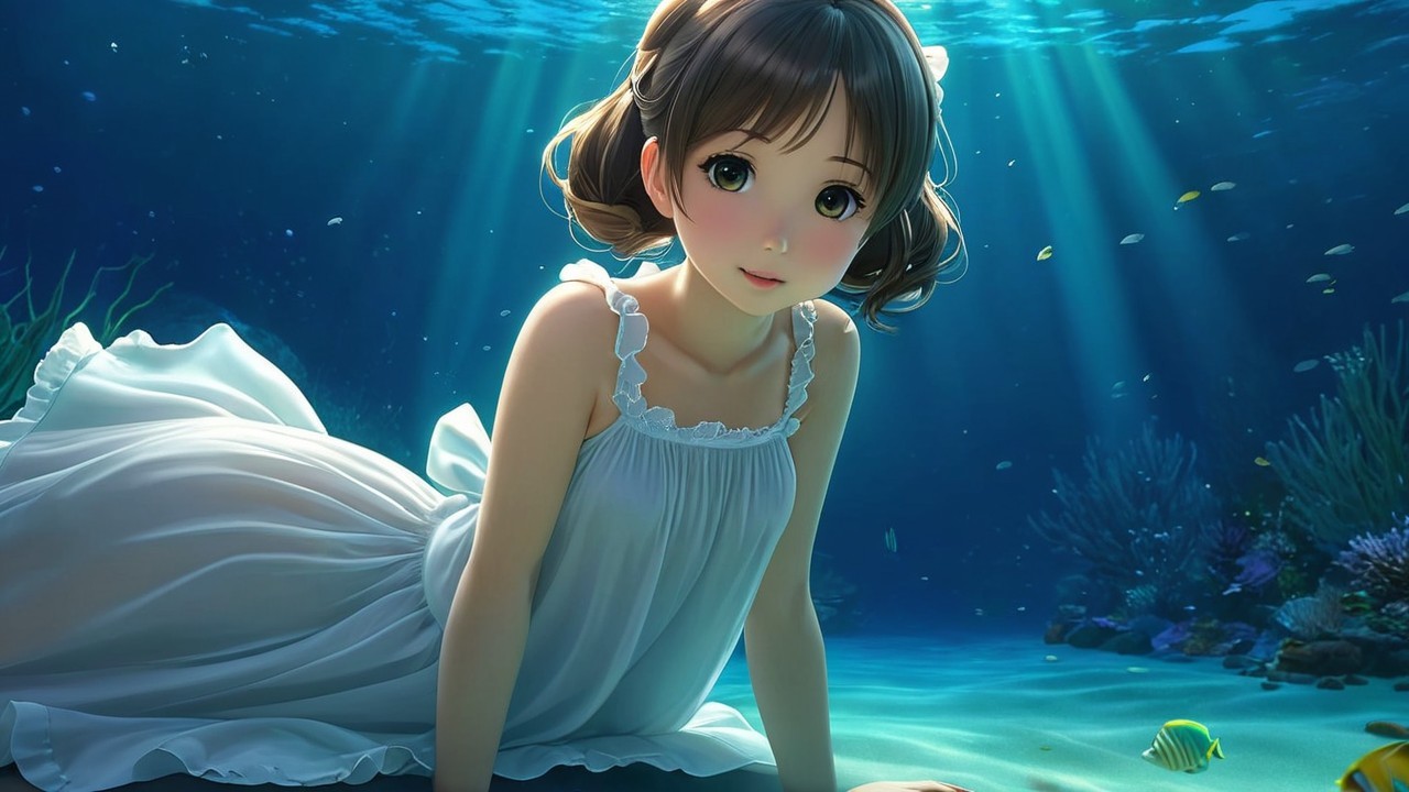 Young girl swimming gracefully in vibrant underwater scene