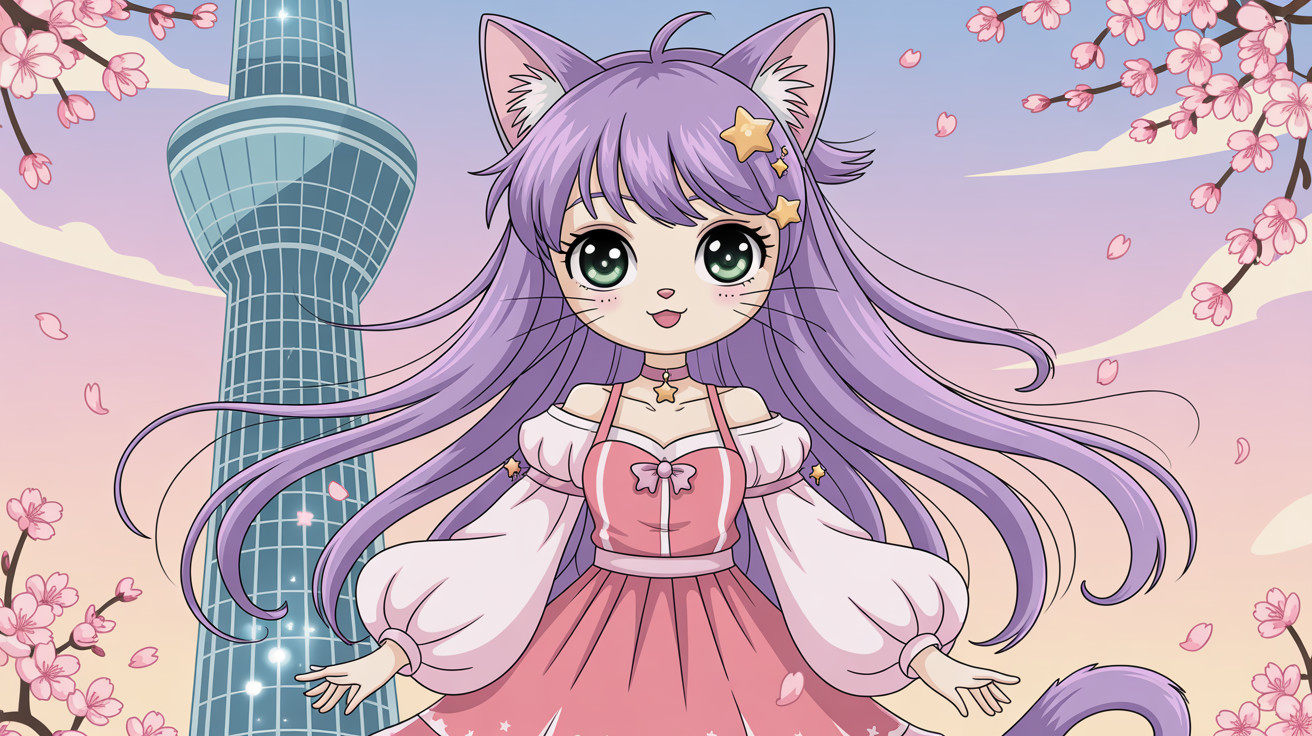 Cute Anime Cat Girl in Pastel Cherry Blossom Scene