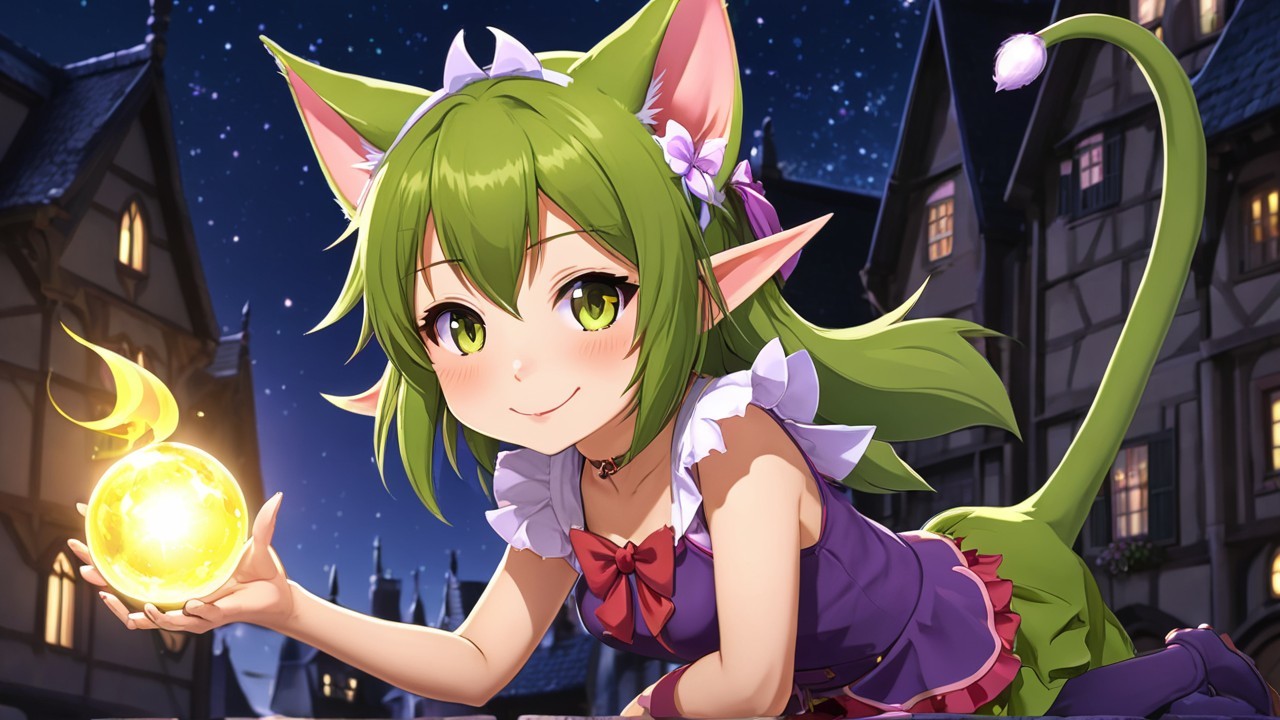 Whimsical character with green hair and glowing orb