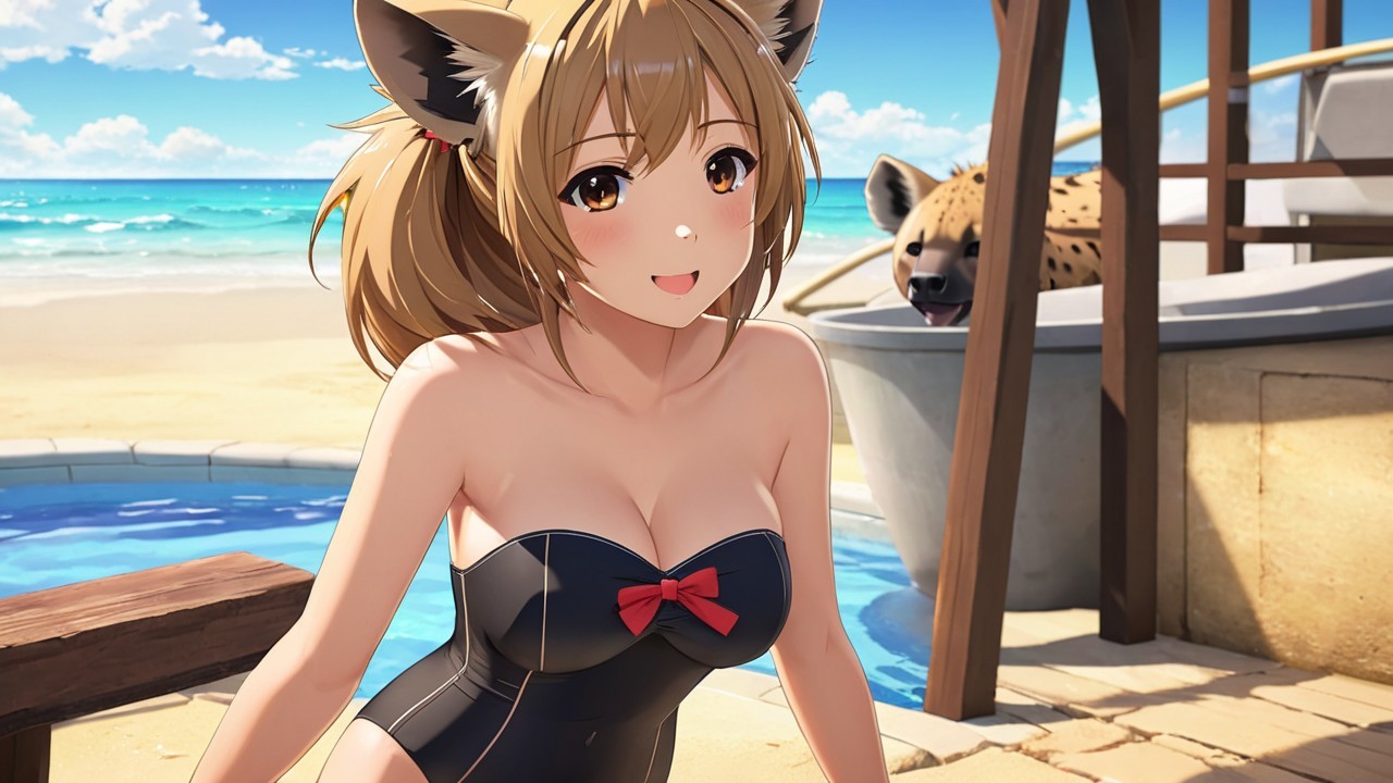 Cheerful girl with animal ears by a sunny pool