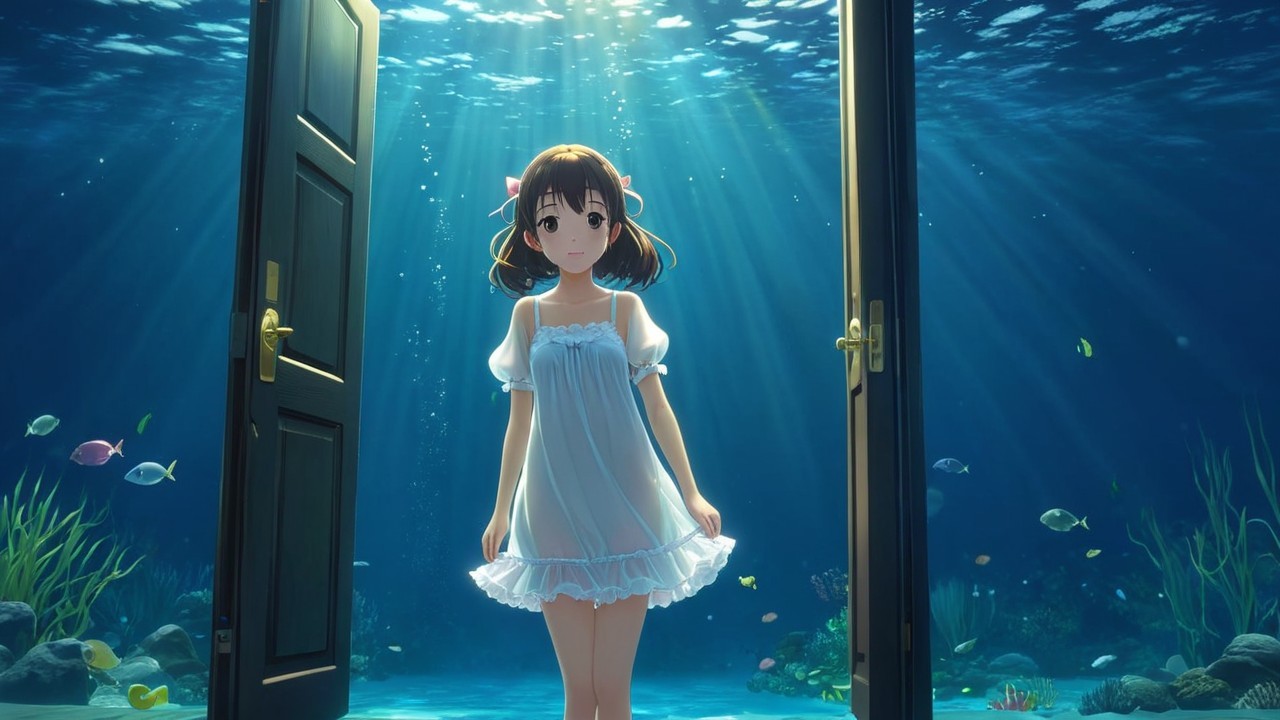 Young girl at underwater doors with serene fish scene