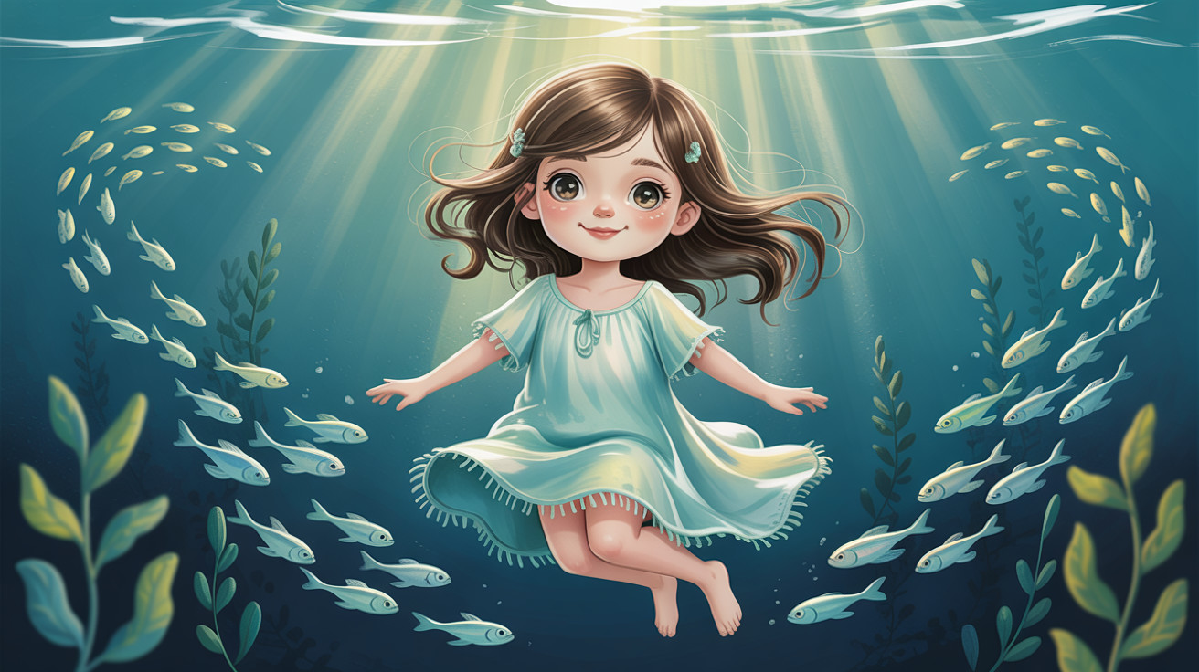Cartoon Girl Floating Underwater with Fish and Sun Rays