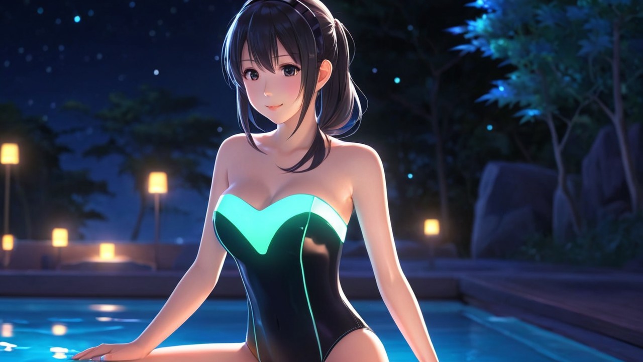 Young woman by tranquil pool at night with soft lights