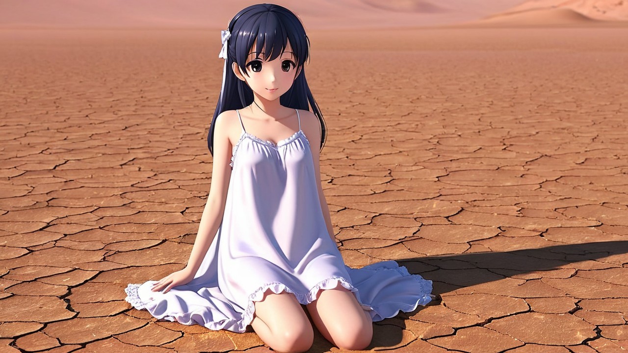 Young girl in white dress on cracked desert landscape