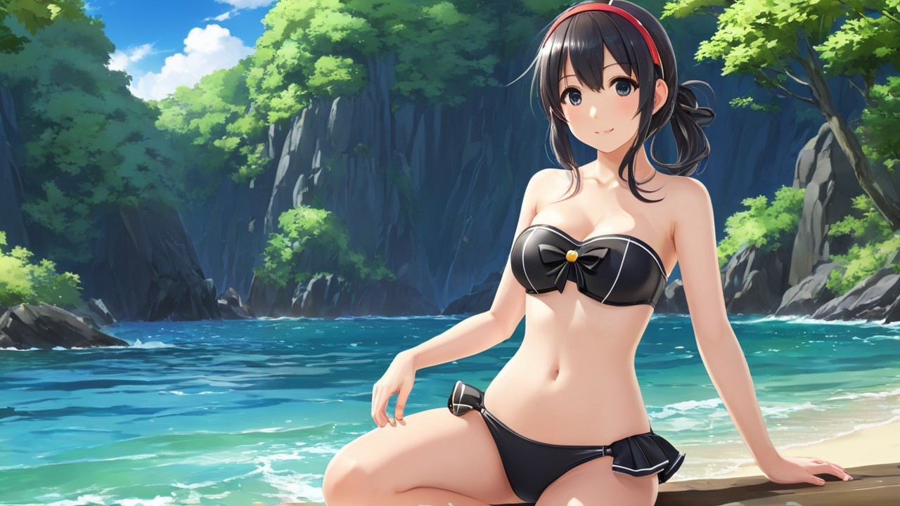 Young woman in black bikini on sunny beach scene