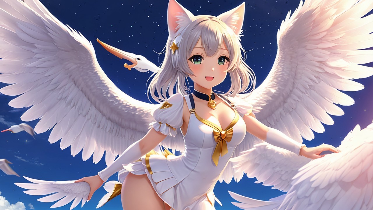 Fantastical character with wings against a starry sky