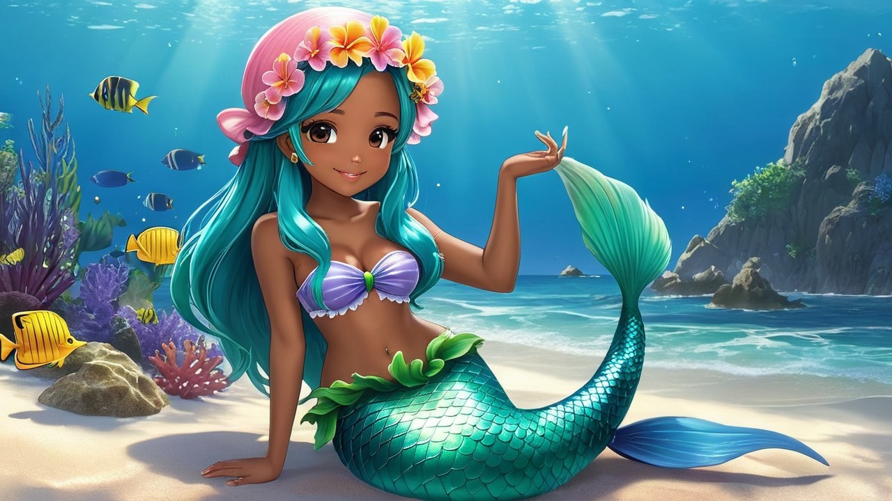 Cheerful mermaid with turquoise hair in ocean scene