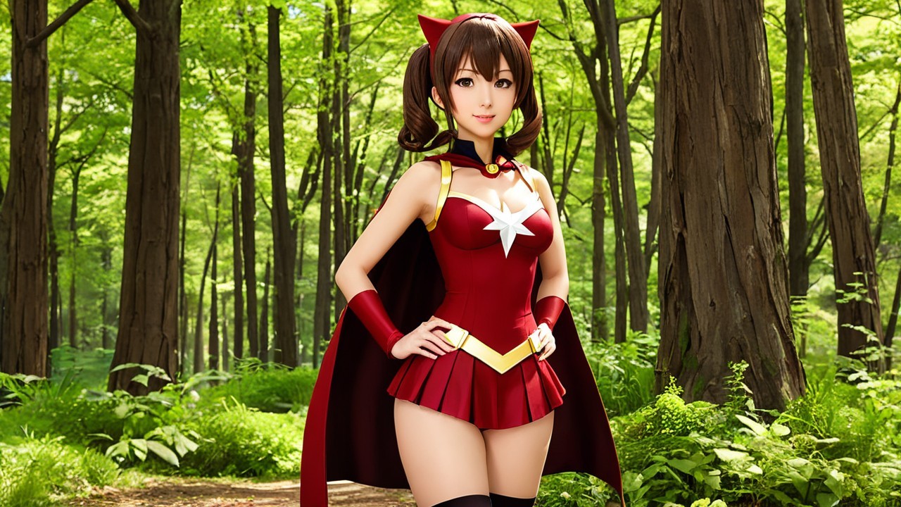 Character in Red Costume Posing in Lush Forest