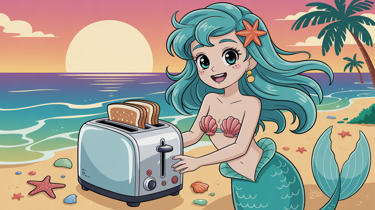 Whimsical Anime-Style Mermaid Illustration on Beach
