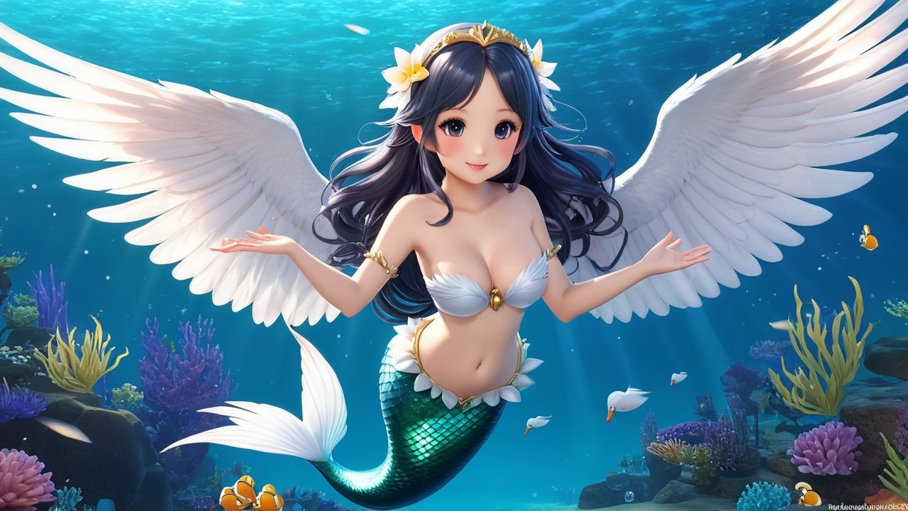 Mermaid with Wings Swimming in Colorful Coral Reef