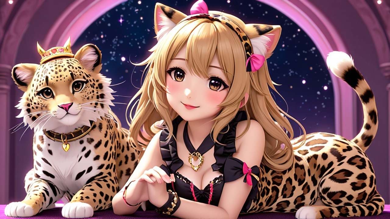 Whimsical Scene of Girl with Cat Ears and Leopard