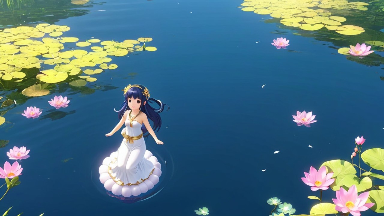 Young girl on lily pad in tranquil blue pond