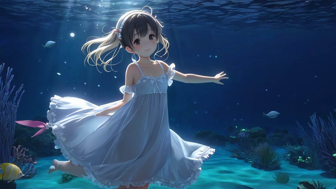 Young girl in white dress swimming underwater with fish