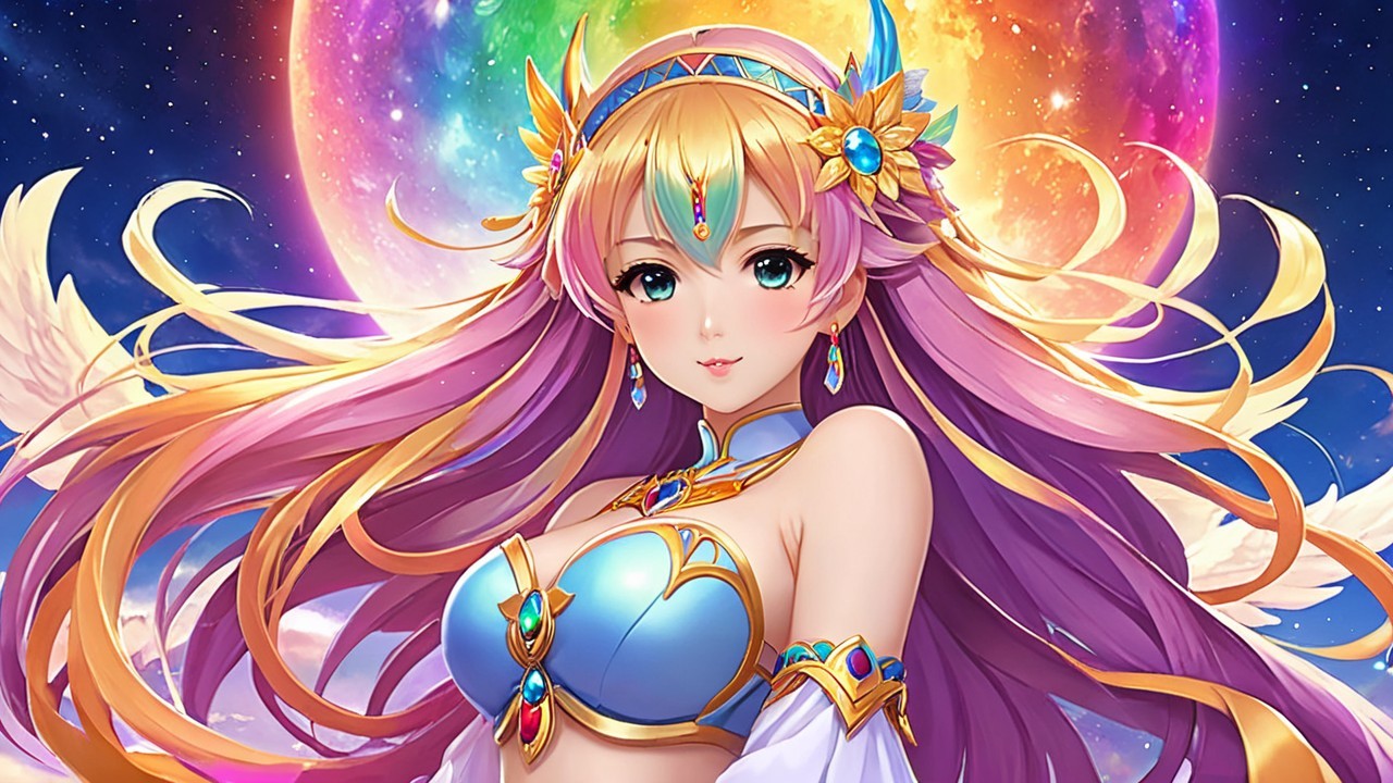 Vibrant Fantasy Character with Multicolored Moon Background