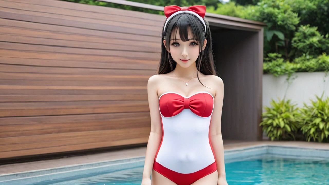 Young Woman by Pool in Stylish Swimsuit and Headband