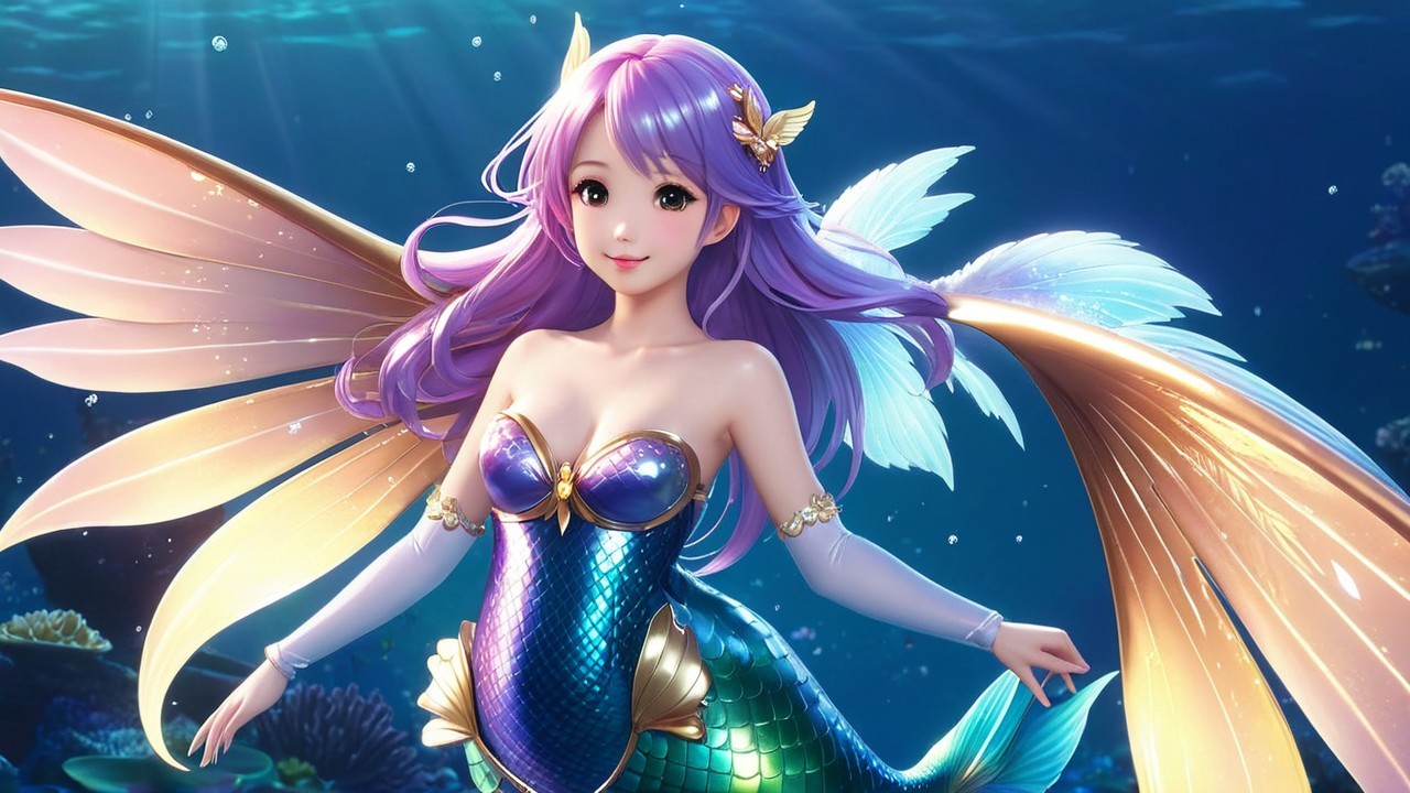 Mermaid with Lavender Hair in Vibrant Underwater Scene