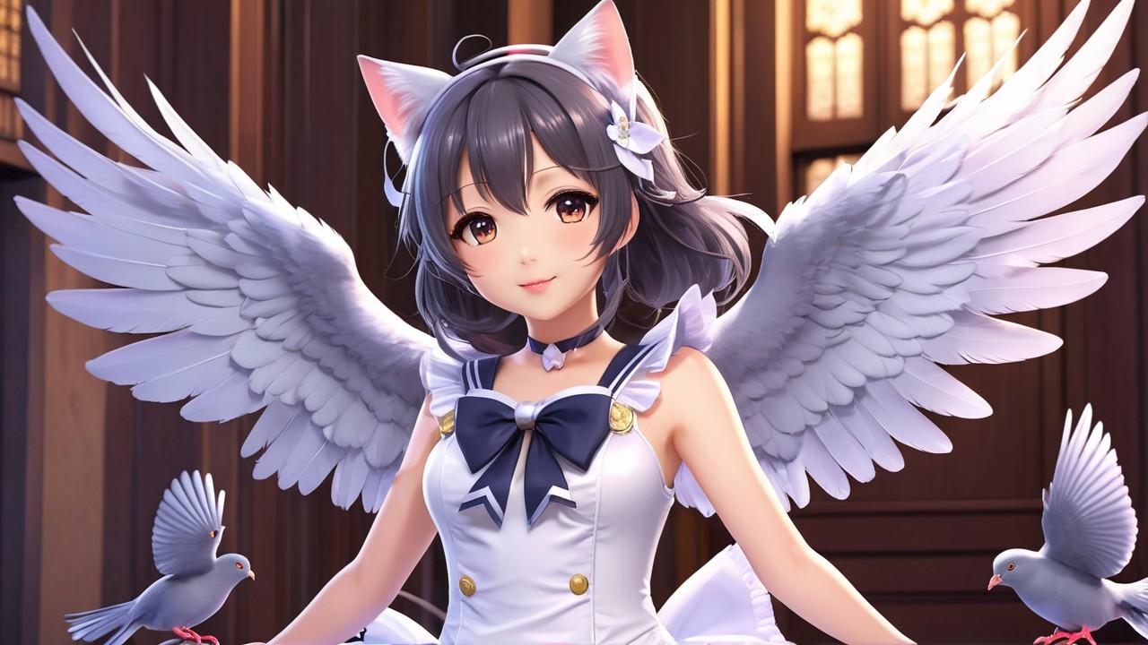 Girl with Cat Ears, Angel Wings, and Doves