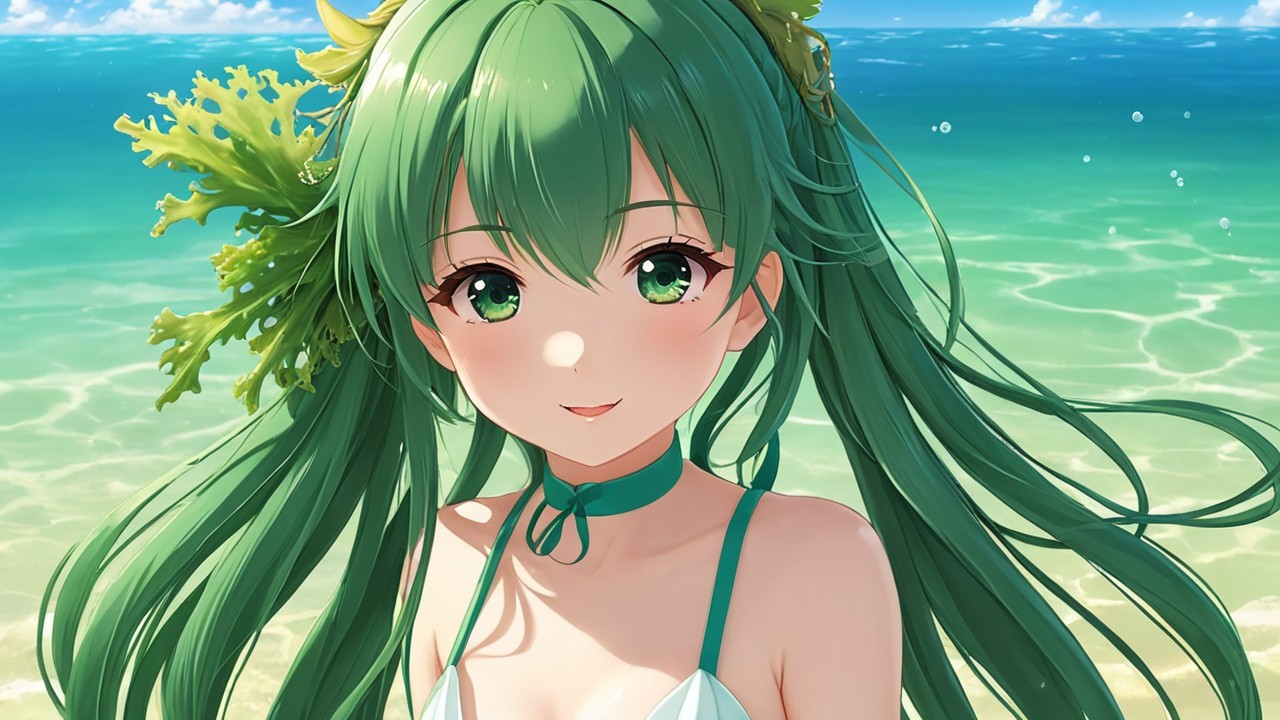 Young girl with green hair by blue ocean beach