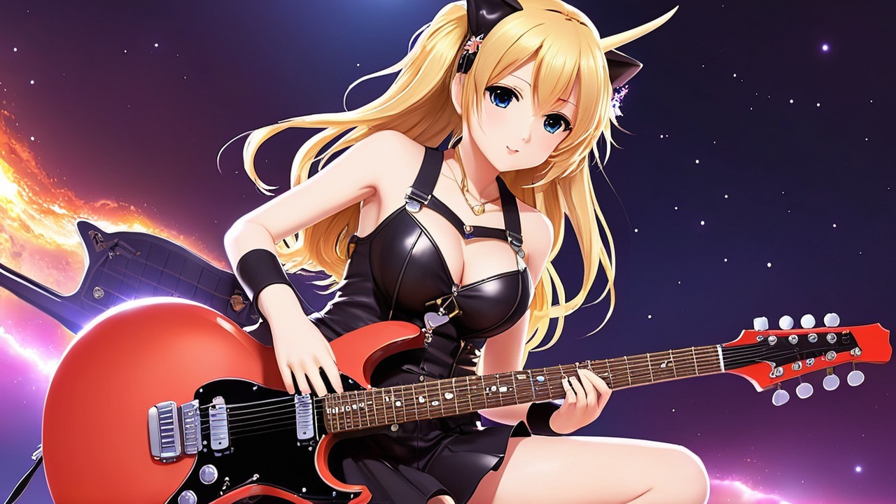 Anime girl with cat ears playing electric guitar