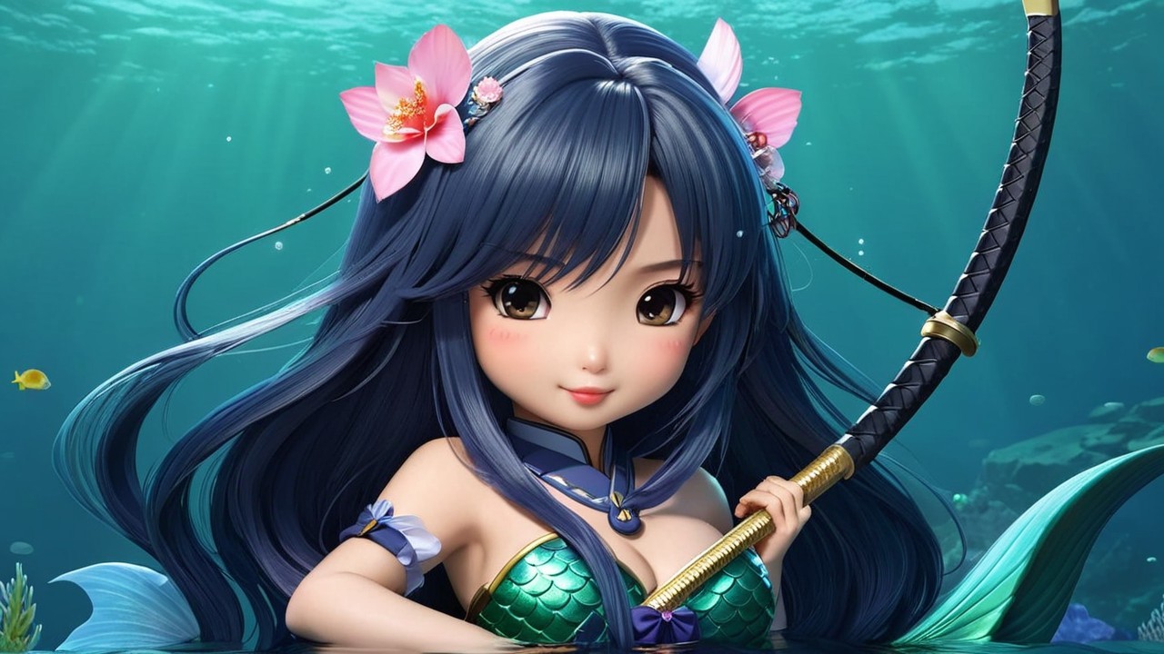 Whimsical Underwater Scene with Mermaid and Trident