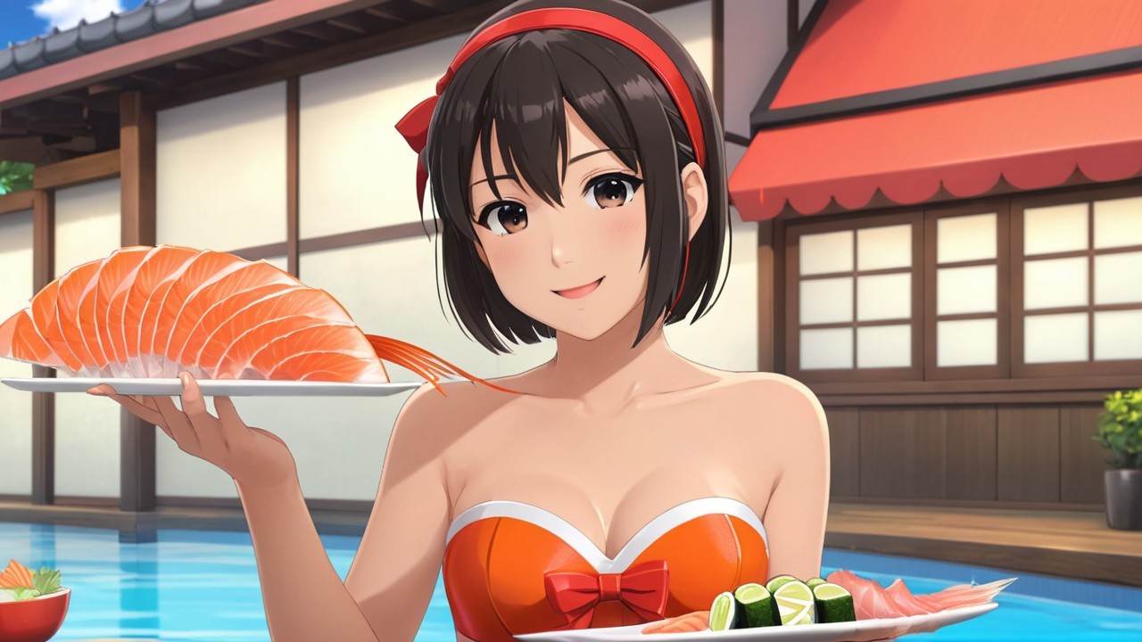 Young woman with sushi by tranquil pool and Japanese building