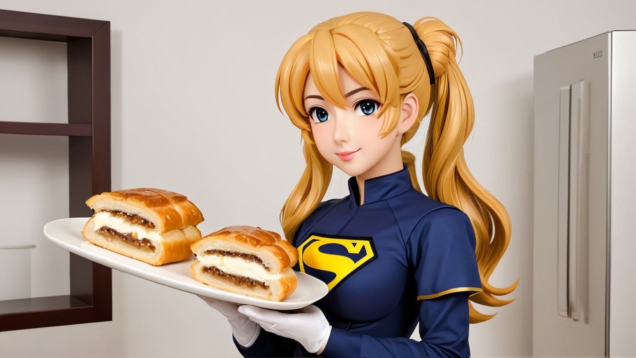 Blonde Superhero in Modern Kitchen with Pastries