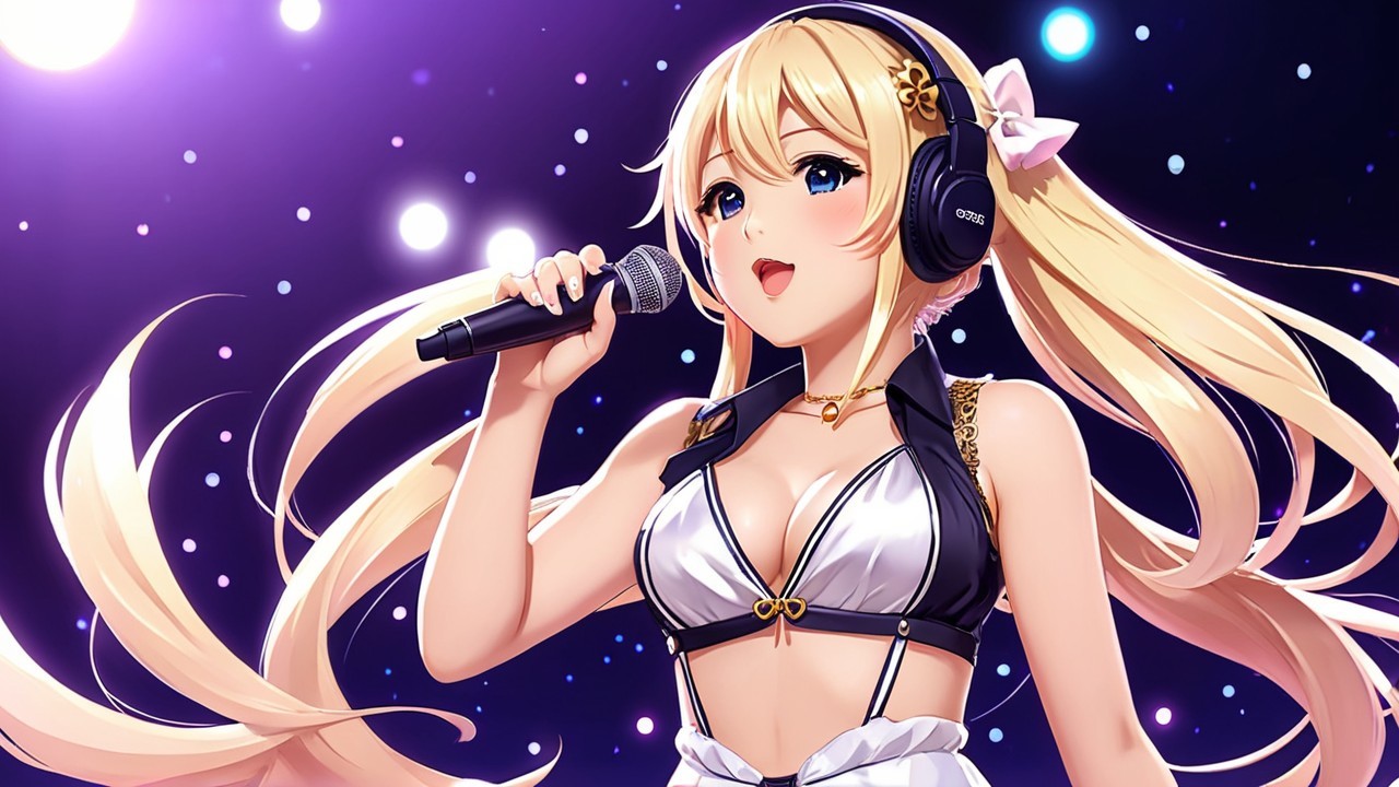Anime Illustration of a Young Woman Singing with Headphones
