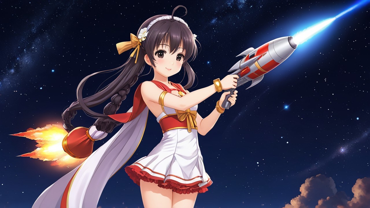 Cheerful anime girl with rocket launcher in starry sky