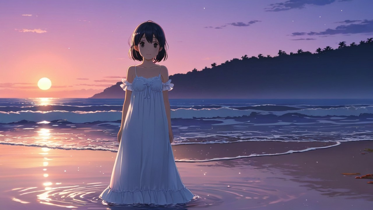Serene Beach Sunset with Girl in White Dress
