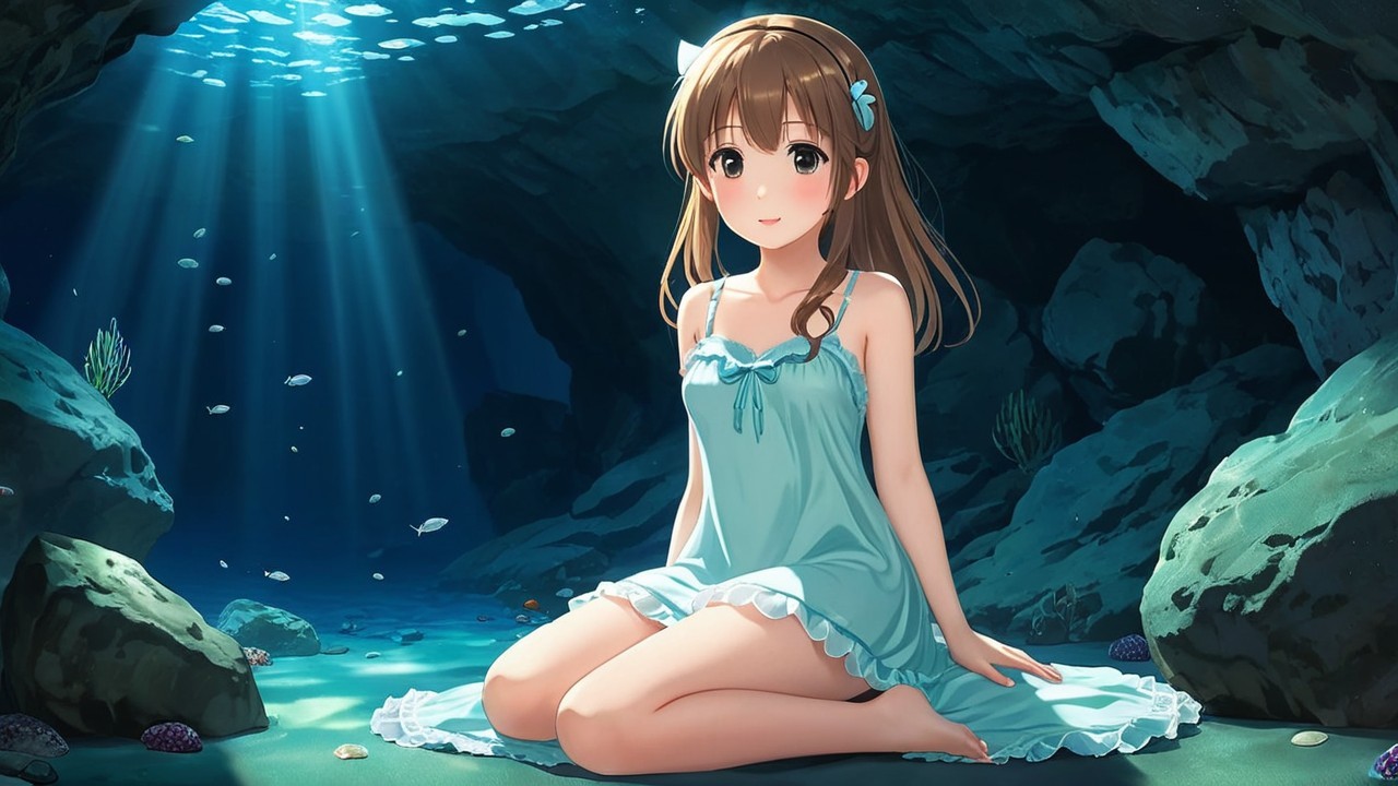 Underwater Scene with a Girl in a Blue Dress