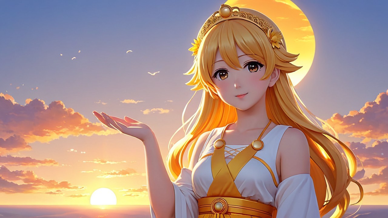 Anime Character with Golden Hair at Sunset