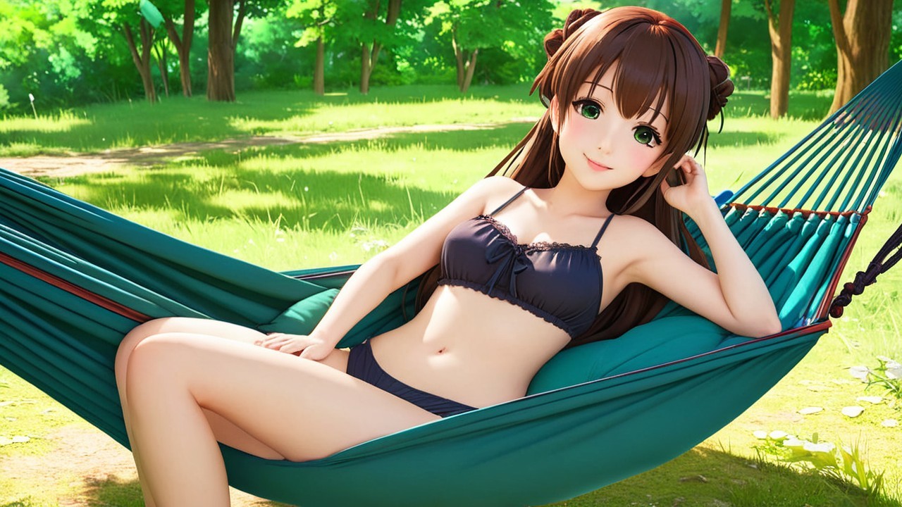 Young Woman Relaxing in Hammock in Green Landscape