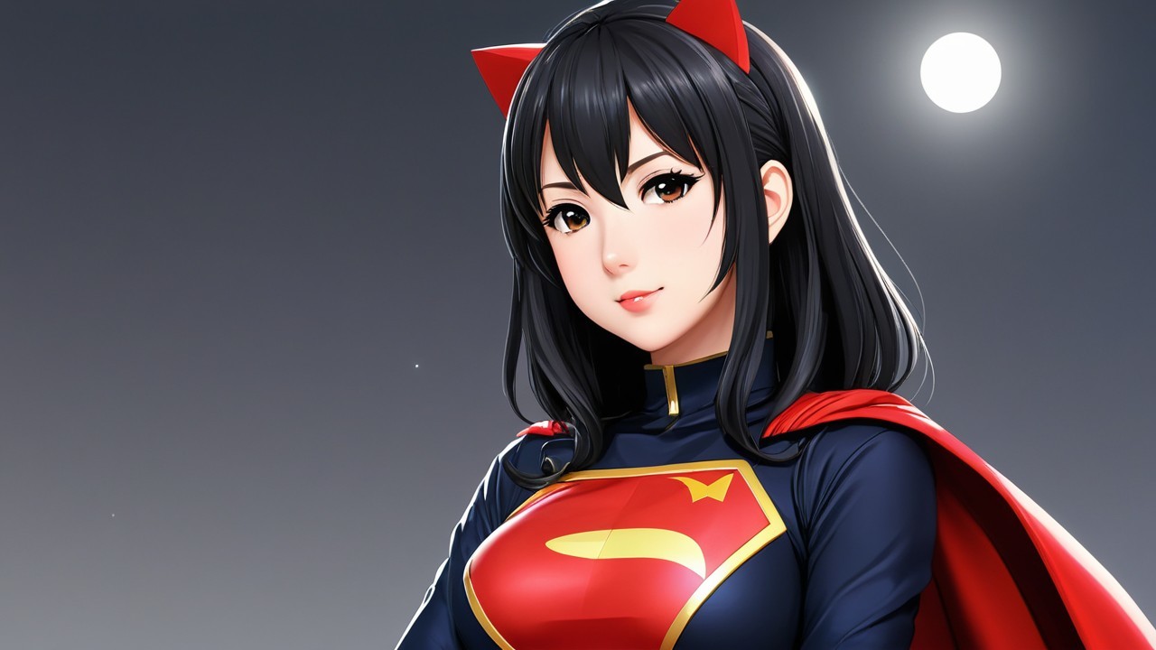 Young woman in superhero outfit under twilight sky