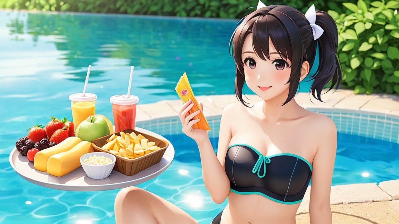 Young Woman by Pool with Snacks and Colorful Drinks