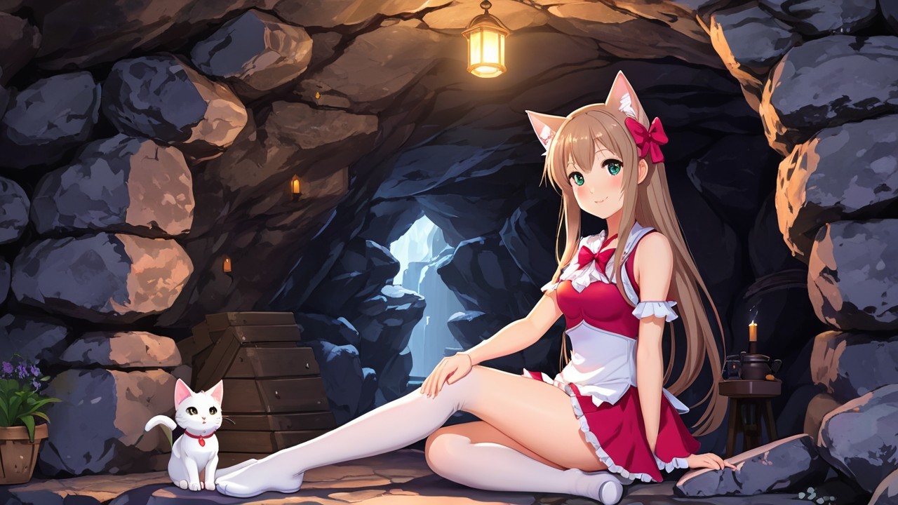Young girl with cat ears in a cave setting