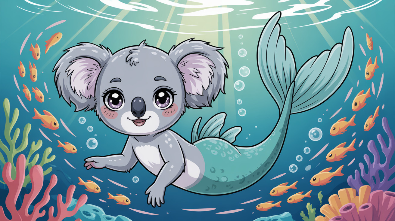Cartoon Illustration of a Grey Koala Mermaid Swimming
