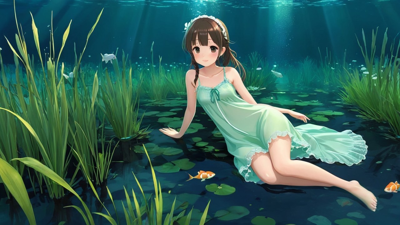 Underwater Scene with Girl in Green Dress and Fish