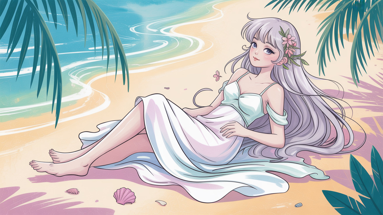 Anime depiction of a teenage girl on the beach