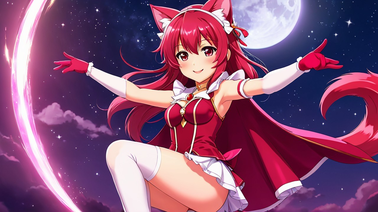 Vibrant anime character with red hair and fox ears