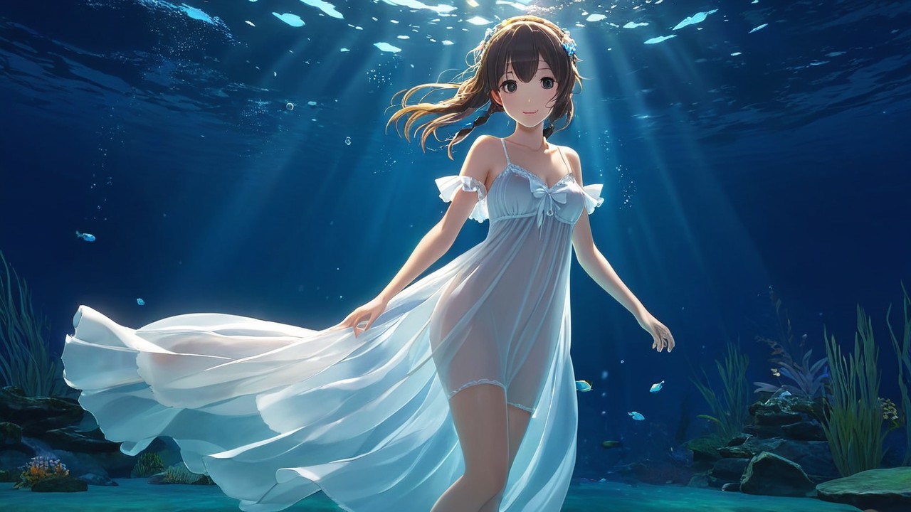 Underwater Scene with Woman in Sheer White Dress