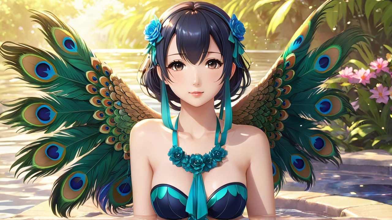 Young Woman with Peacock Wings by Sparkling Water
