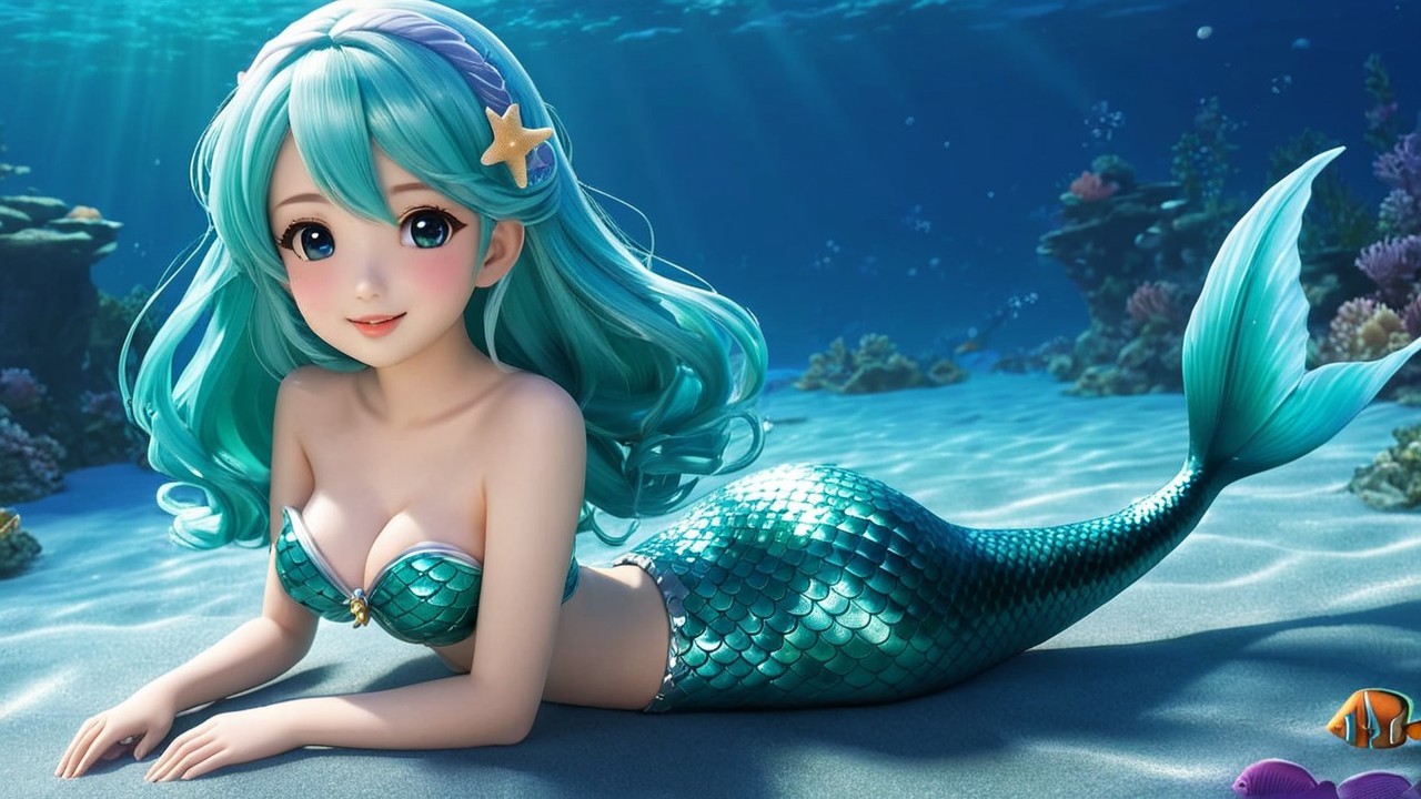 Vibrant Cartoon Mermaid in Colorful Underwater Scene