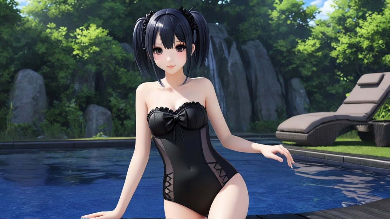 Anime Character by Pool in Black Swimsuit and Bow