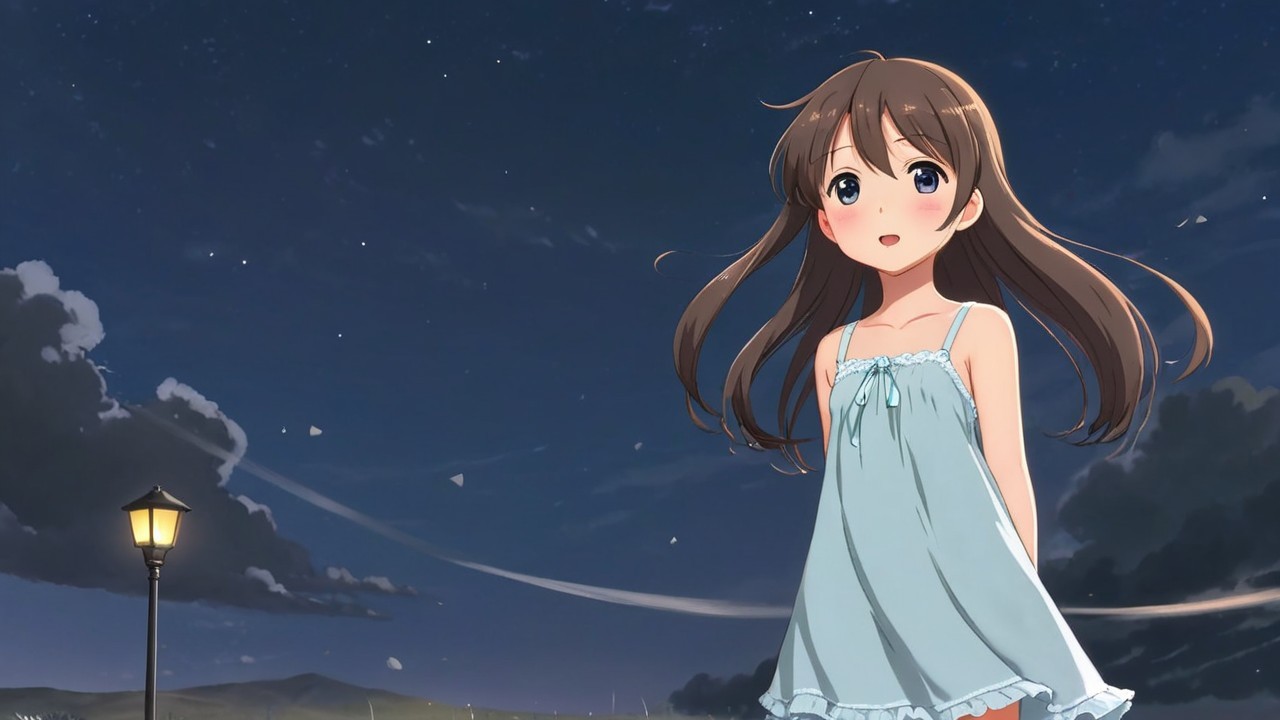 Young girl in blue nightgown under starry sky