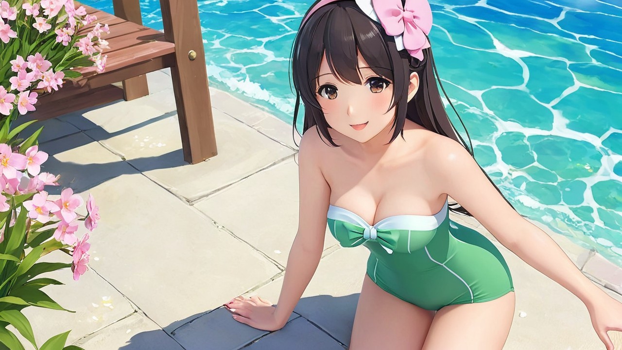 Cheerful girl by blue pool with pink flowers and swimsuit