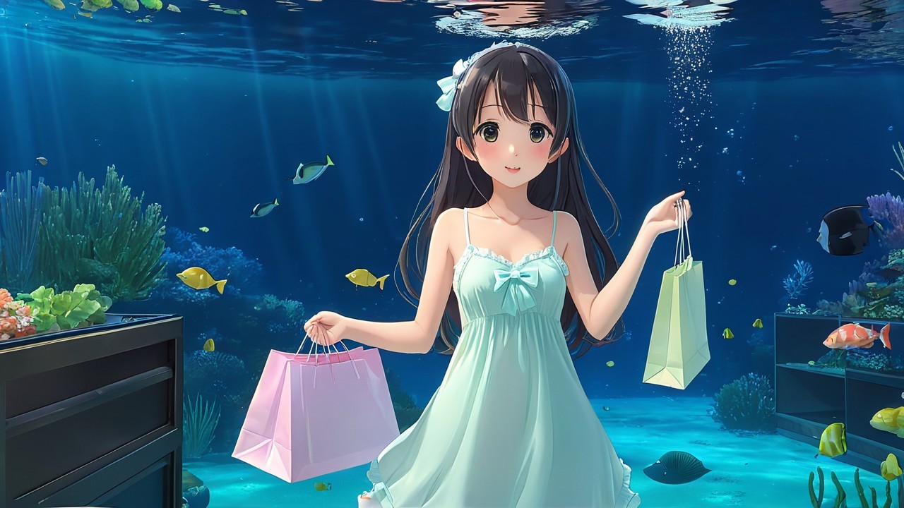 Girl in blue dress underwater with colorful fish
