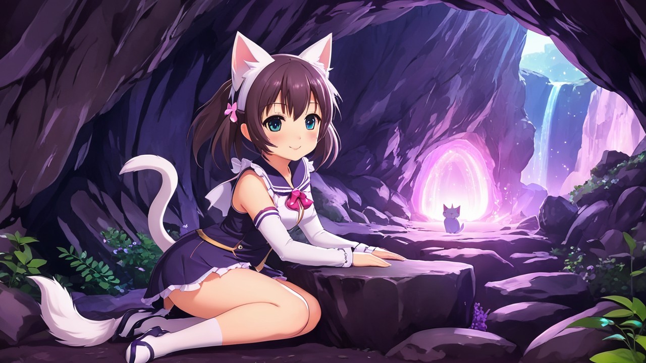 Mystical Cave Scene with Cat-Eared Character