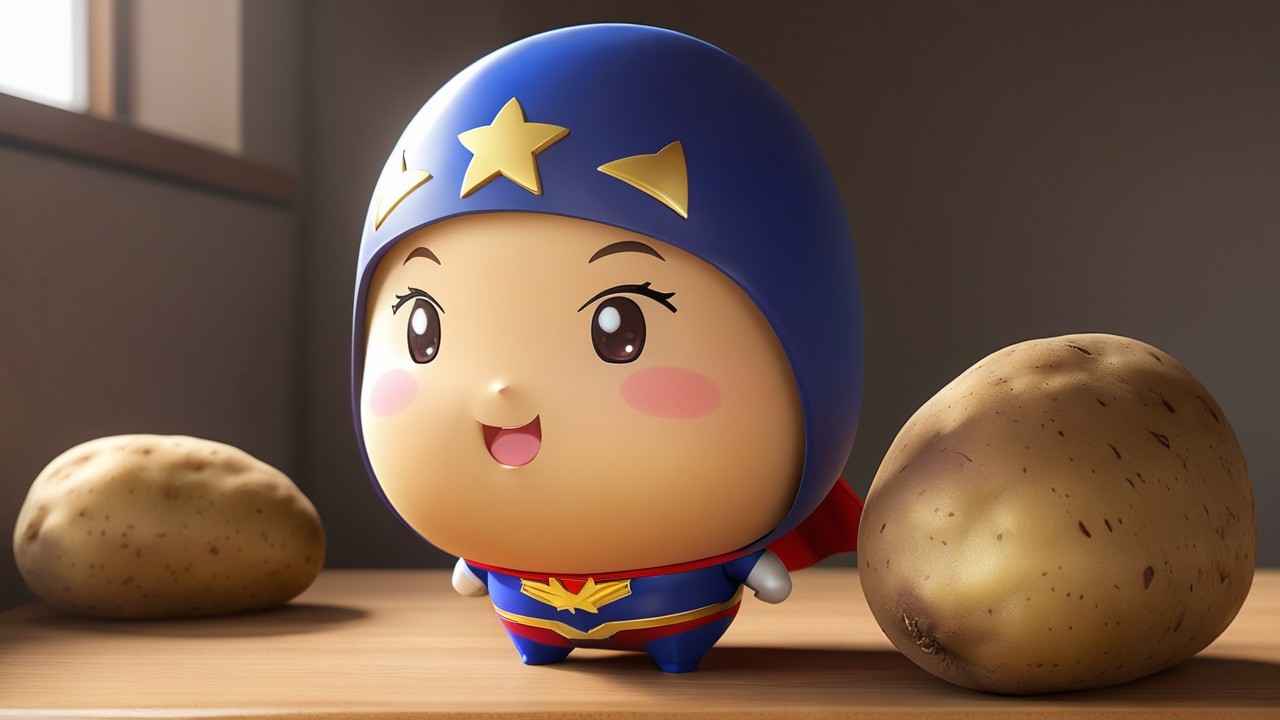Round superhero character in blue costume with potatoes