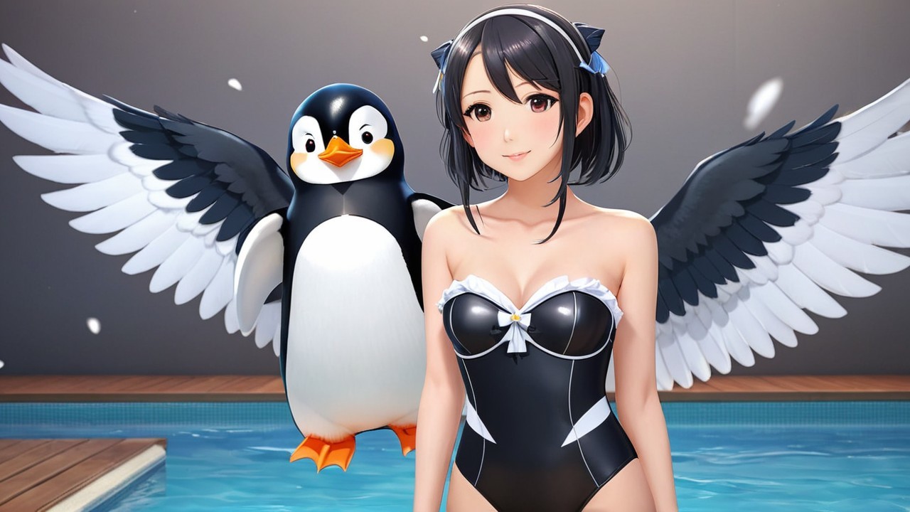 Anime Girl in Black Swimsuit by Pool with Penguin
